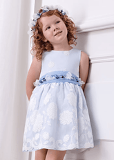 Vestido Bordado Con Cinturón Azul
